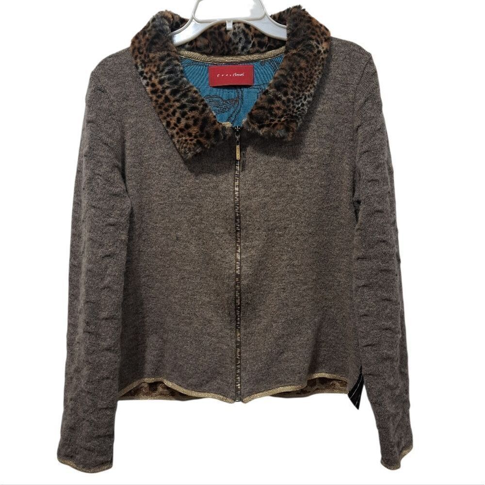 Vintage Eva & Claudi Y2K Floral Wool Blend Faux Fur Leopard Collar Cardigan Larg
